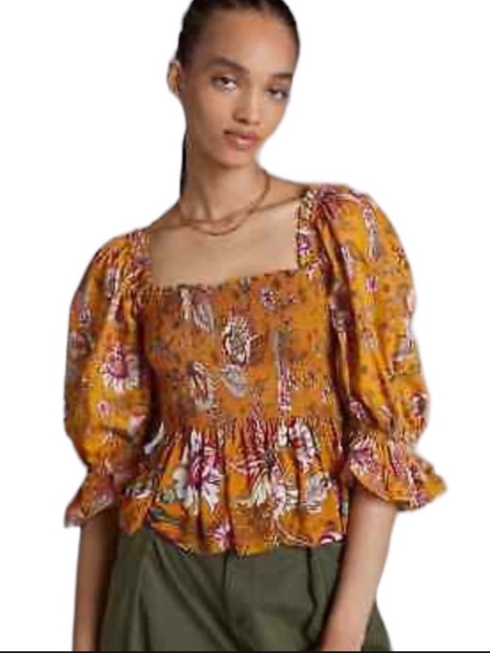 Anthropologie Conditions Apply Floral Smocked Puff Sleeve Top XS